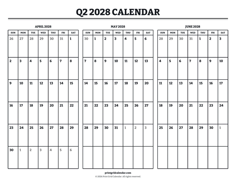 Q2 2028 Calendar — Bookish bold — US Letter · Landscape · Sunday start