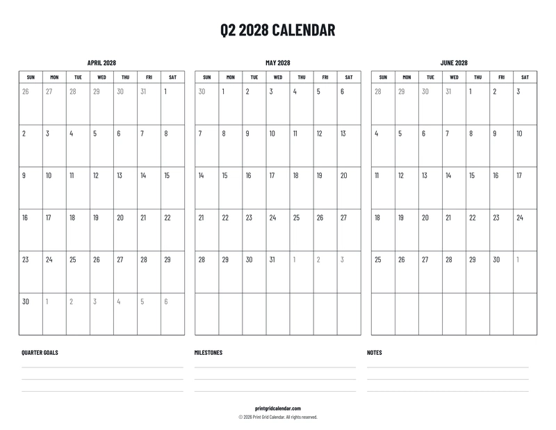 Q2 2028 Calendar — Plans below — US Letter · Landscape · Sunday start