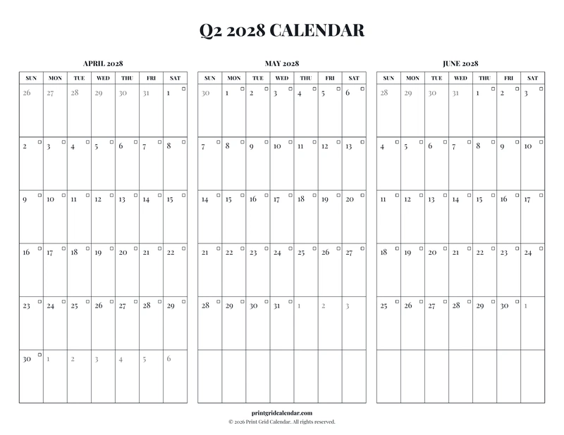 Q2 2028 Calendar — Editorial checklist — US Letter · Landscape · Sunday start