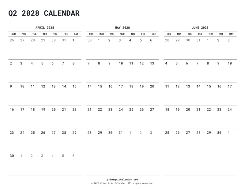 Q2 2028 Calendar — Quiet minimal — US Letter · Landscape · Sunday start