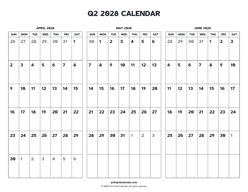 Q2 2028 Calendar — Easy read — US Letter · Landscape · Sunday start