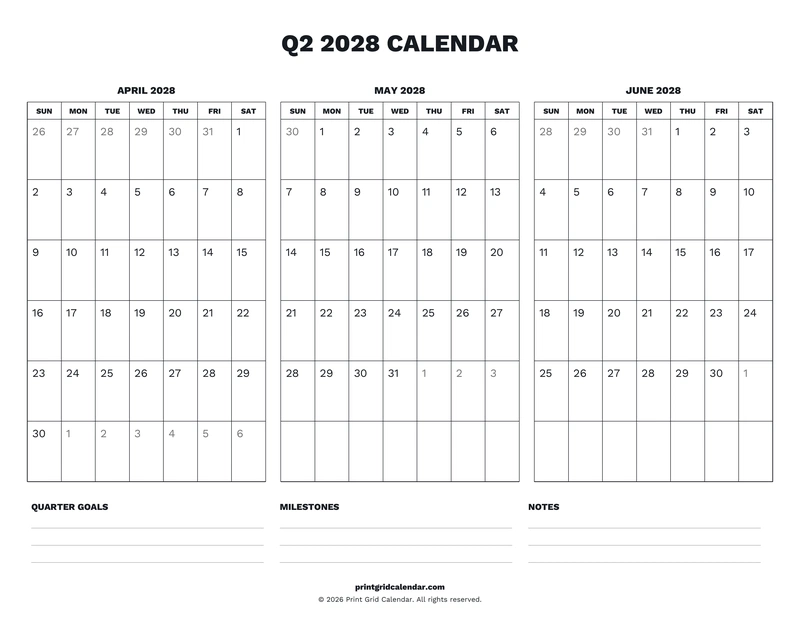 Q2 2028 Calendar — Desk notes — US Letter · Landscape · Sunday start