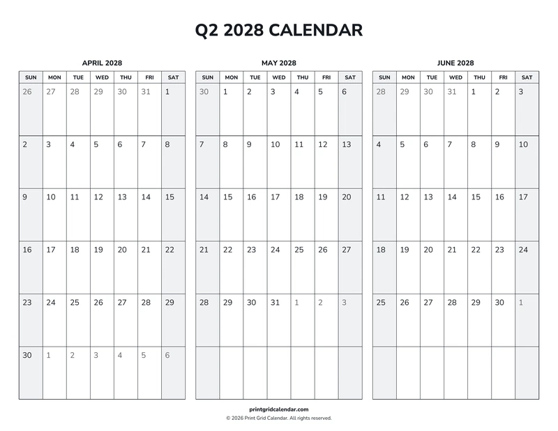 Q2 2028 Calendar — Weekend rhythm — US Letter · Landscape · Sunday start