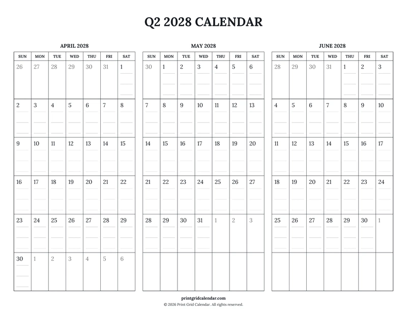 Q2 2028 Calendar — Ruled journal — US Letter · Landscape · Sunday start