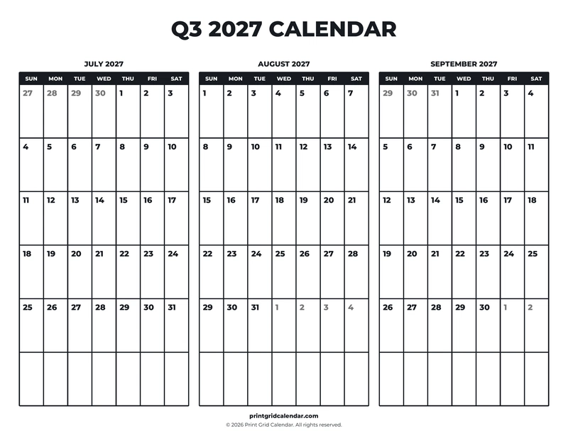 Q3 2027 Calendar — Bold essentials — US Letter · Landscape · Sunday start