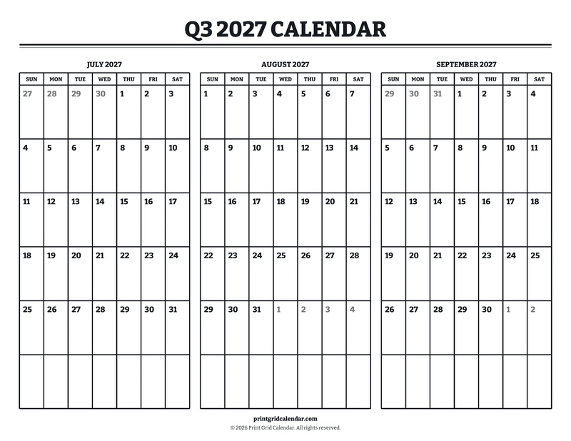 Q3 2027 Calendar — Bookish bold — US Letter · Landscape · Sunday start