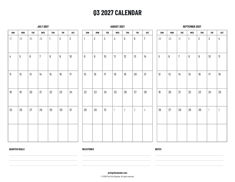 Q3 2027 Calendar — Plans below — US Letter · Landscape · Sunday start