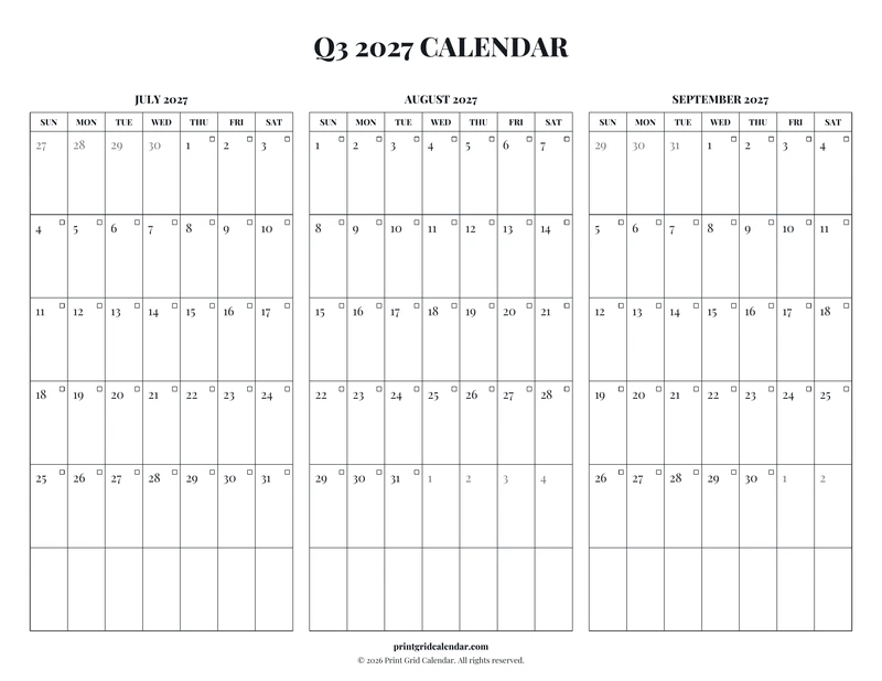 Q3 2027 Calendar — Editorial checklist — US Letter · Landscape · Sunday start