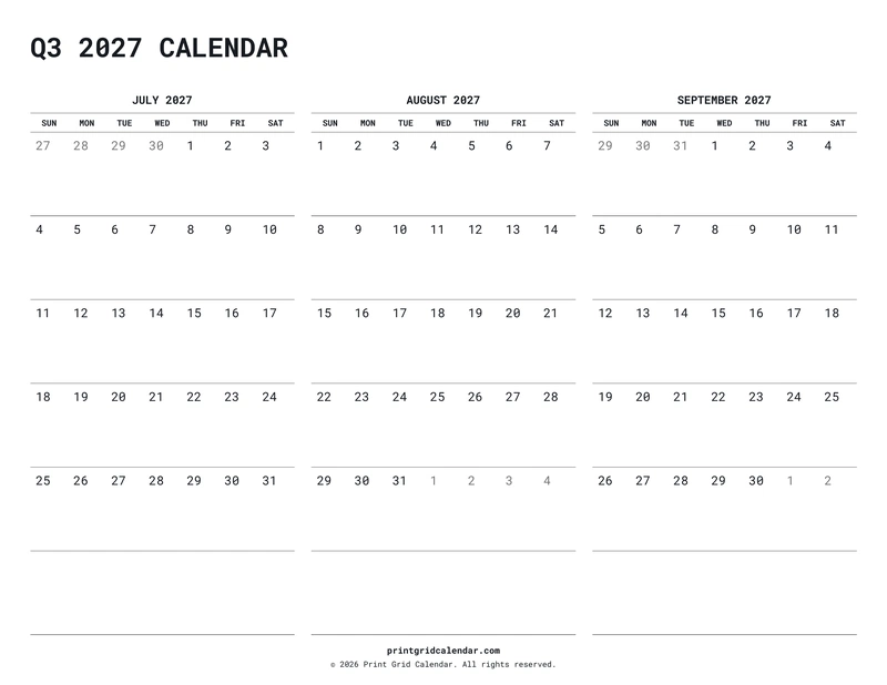 Q3 2027 Calendar — Quiet minimal — US Letter · Landscape · Sunday start