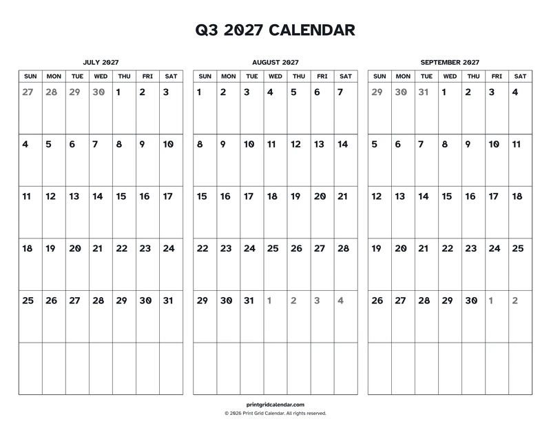 Q3 2027 Calendar — Easy read — US Letter · Landscape · Sunday start