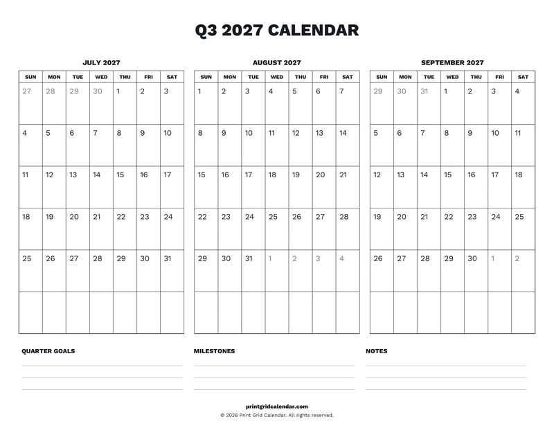 Q3 2027 Calendar — Desk notes — US Letter · Landscape · Sunday start