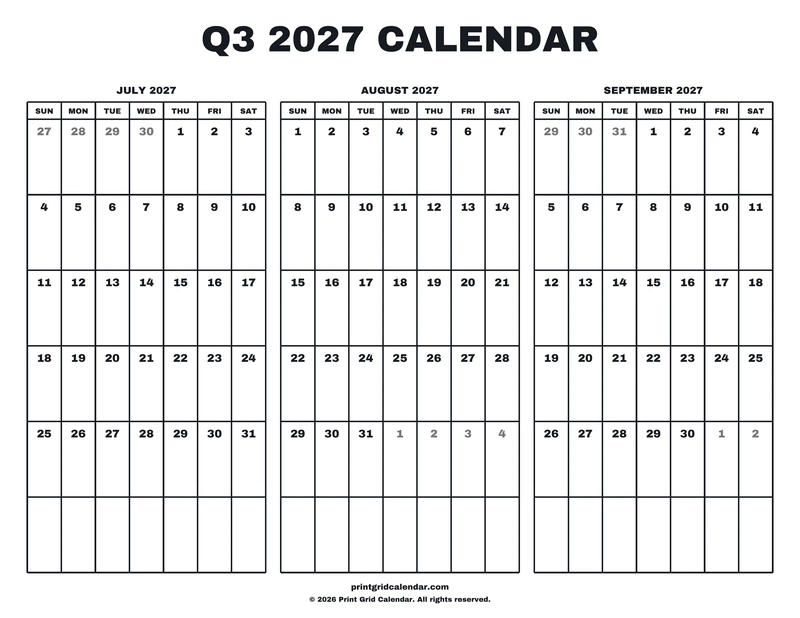 Q3 2027 Calendar — Big statement — US Letter · Landscape · Sunday start