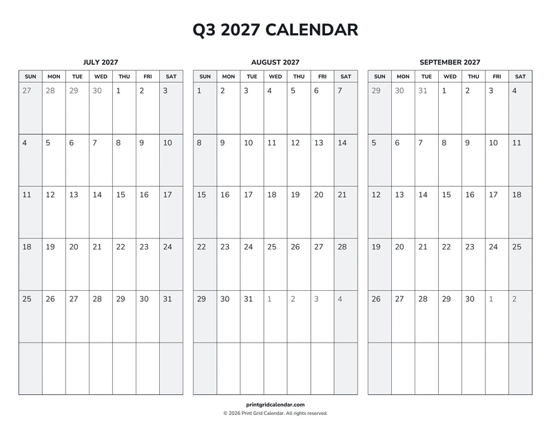Q3 2027 Calendar — Weekend rhythm — US Letter · Landscape · Sunday start