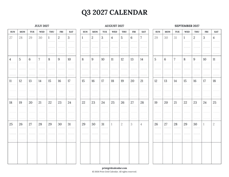 Q3 2027 Calendar — Ruled journal — US Letter · Landscape · Sunday start