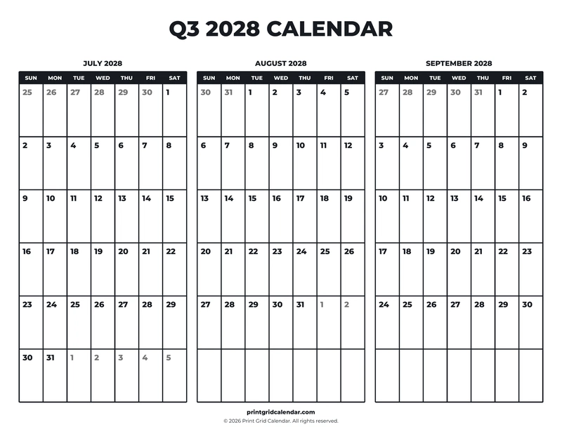 Q3 2028 Calendar — Bold essentials — US Letter · Landscape · Sunday start