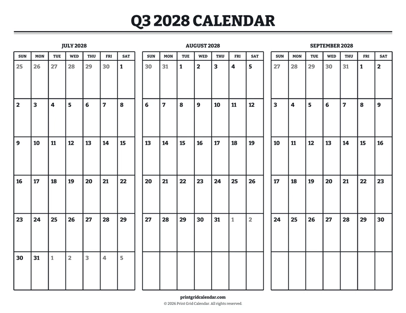 Q3 2028 Calendar — Bookish bold — US Letter · Landscape · Sunday start