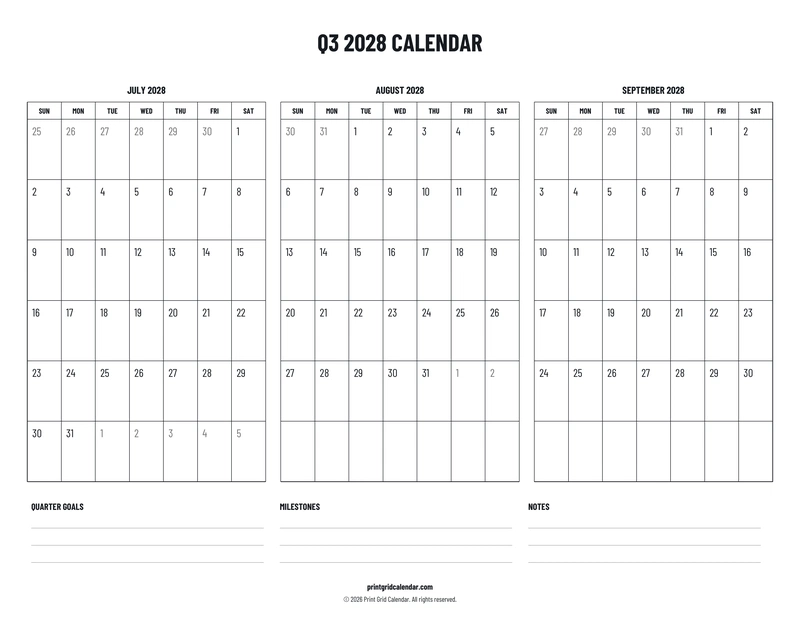 Q3 2028 Calendar — Plans below — US Letter · Landscape · Sunday start