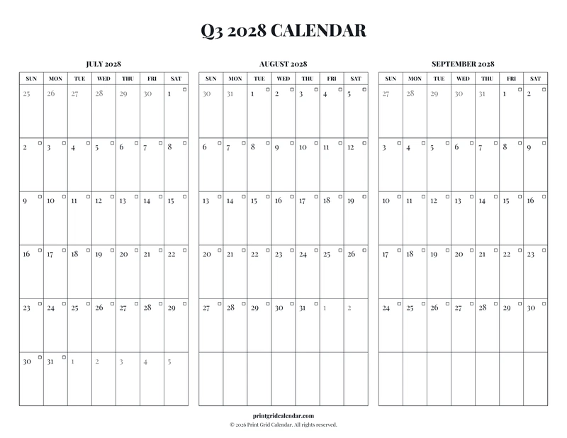 Q3 2028 Calendar — Editorial checklist — US Letter · Landscape · Sunday start