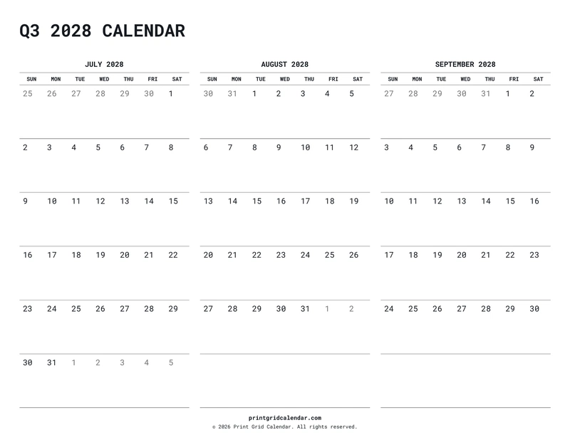 Q3 2028 Calendar — Quiet minimal — US Letter · Landscape · Sunday start