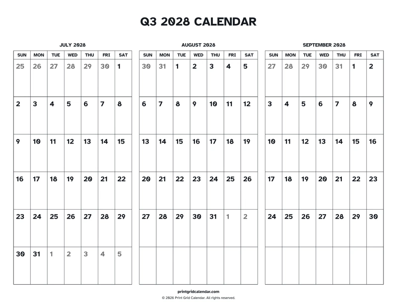 Q3 2028 Calendar — Easy read — US Letter · Landscape · Sunday start