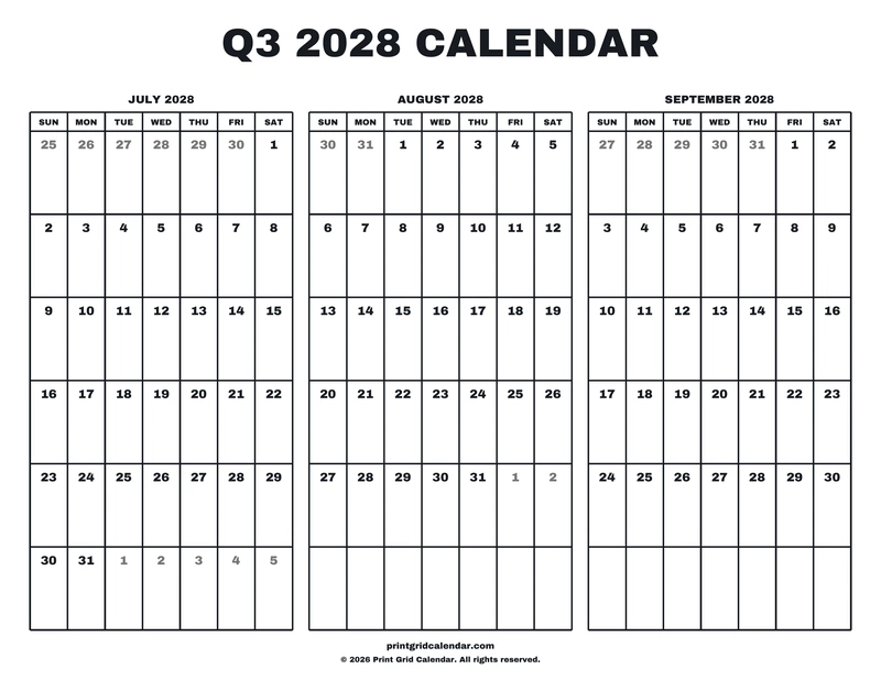 Q3 2028 Calendar — Big statement — US Letter · Landscape · Sunday start