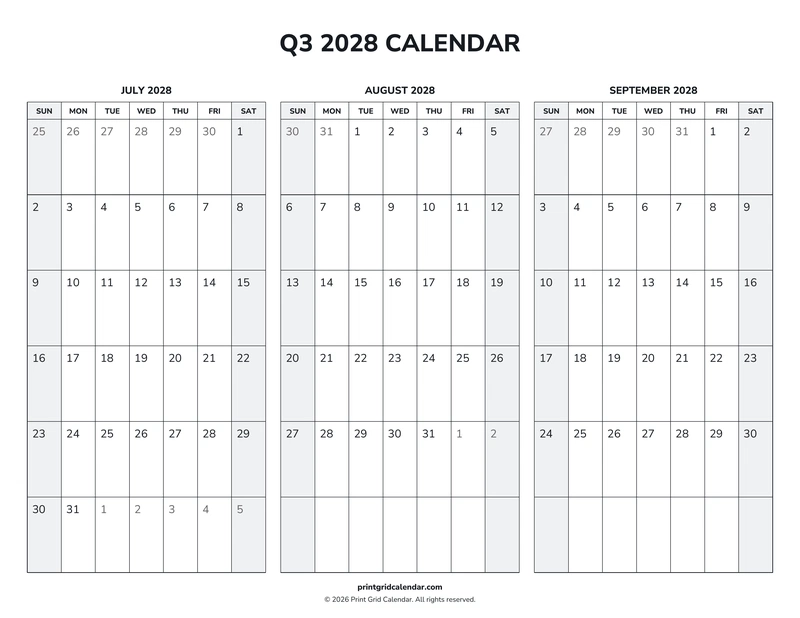 Q3 2028 Calendar — Weekend rhythm — US Letter · Landscape · Sunday start