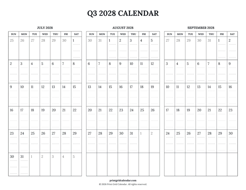 Q3 2028 Calendar — Ruled journal — US Letter · Landscape · Sunday start