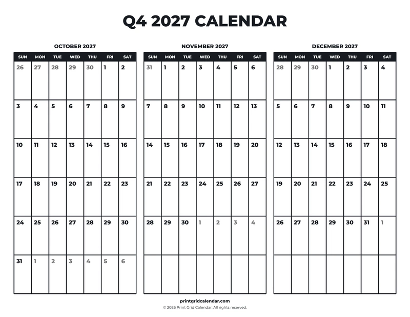 Q4 2027 Calendar — Bold essentials — US Letter · Landscape · Sunday start