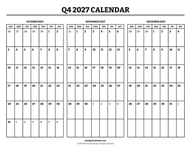 Q4 2027 Calendar — Bookish bold — US Letter · Landscape · Sunday start