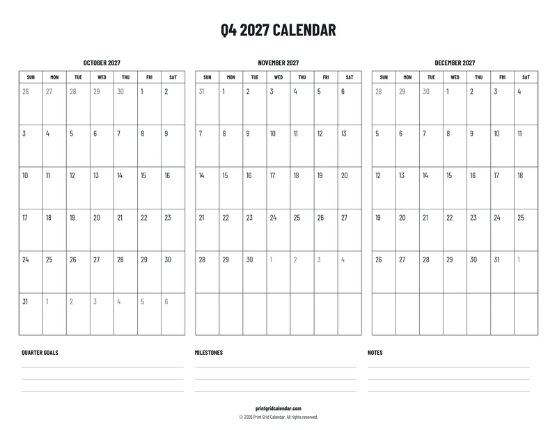 Q4 2027 Calendar — Plans below — US Letter · Landscape · Sunday start