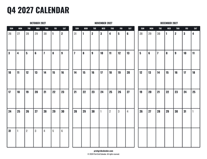 Q4 2027 Calendar — Tall workspace — US Letter · Landscape · Sunday start