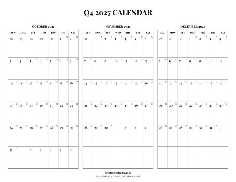 Q4 2027 Calendar — Editorial checklist — US Letter · Landscape · Sunday start