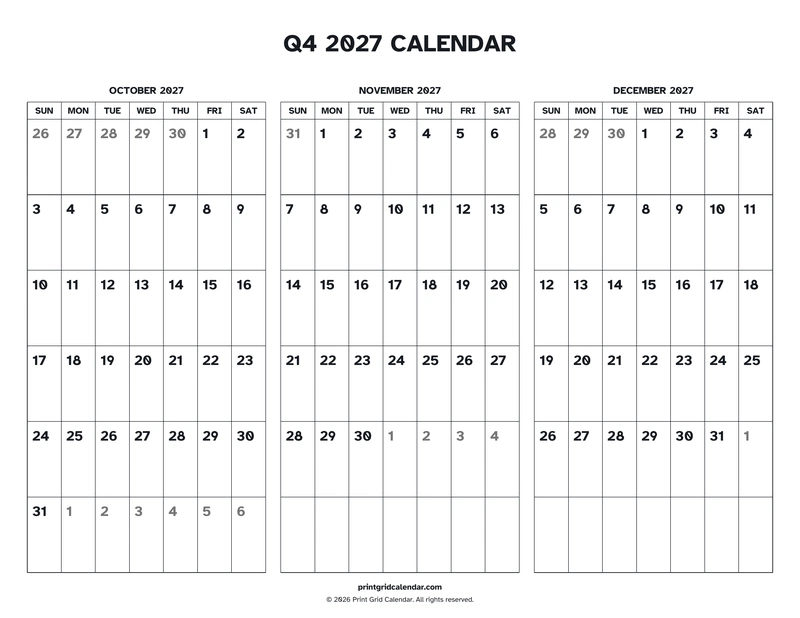 Q4 2027 Calendar — Easy read — US Letter · Landscape · Sunday start