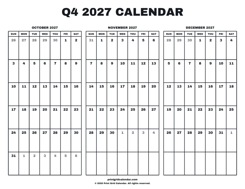 Q4 2027 Calendar — Big statement — US Letter · Landscape · Sunday start