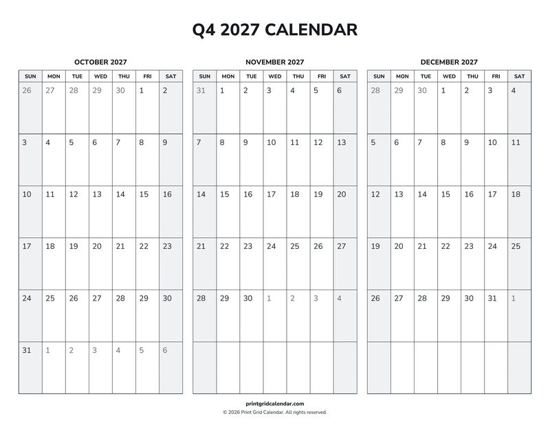 Q4 2027 Calendar — Weekend rhythm — US Letter · Landscape · Sunday start