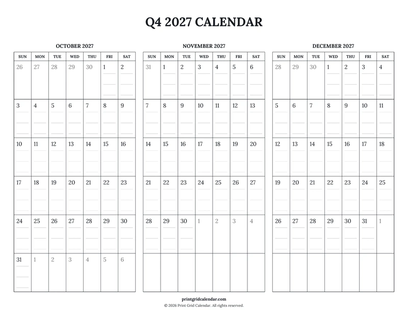 Q4 2027 Calendar — Ruled journal — US Letter · Landscape · Sunday start