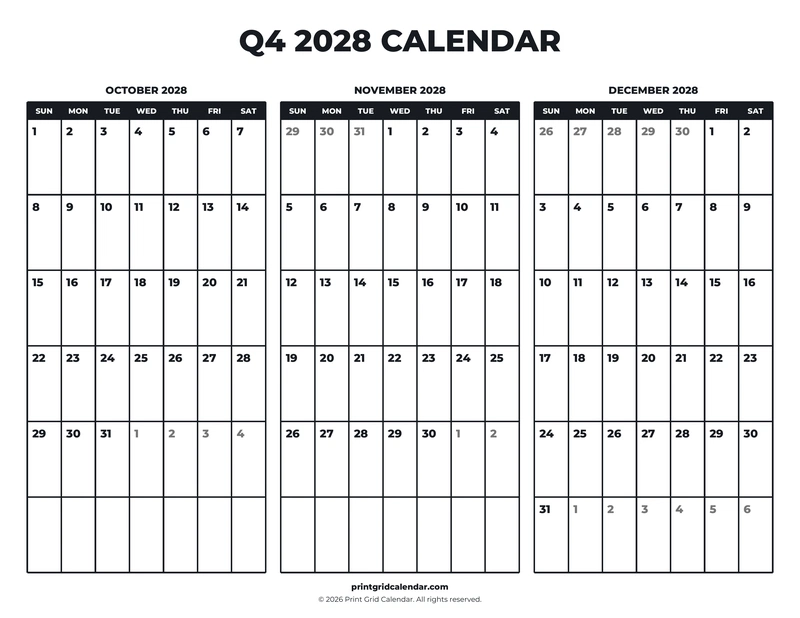 Q4 2028 Calendar — Bold essentials — US Letter · Landscape · Sunday start