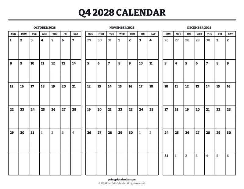 Q4 2028 Calendar — Bookish bold — US Letter · Landscape · Sunday start
