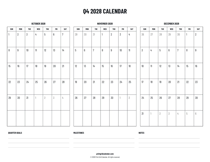 Q4 2028 Calendar — Plans below — US Letter · Landscape · Sunday start