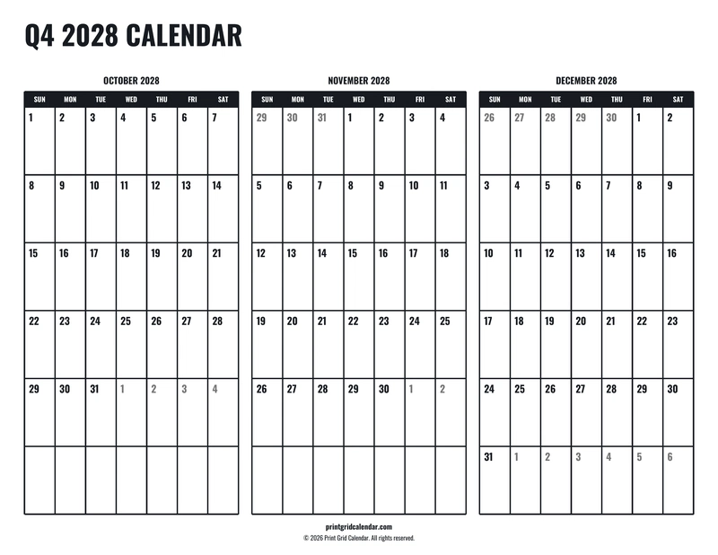 Q4 2028 Calendar — Tall workspace — US Letter · Landscape · Sunday start