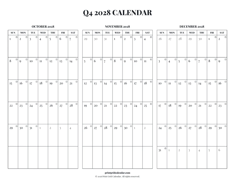 Q4 2028 Calendar — Editorial checklist — US Letter · Landscape · Sunday start