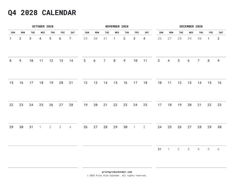Q4 2028 Calendar — Quiet minimal — US Letter · Landscape · Sunday start