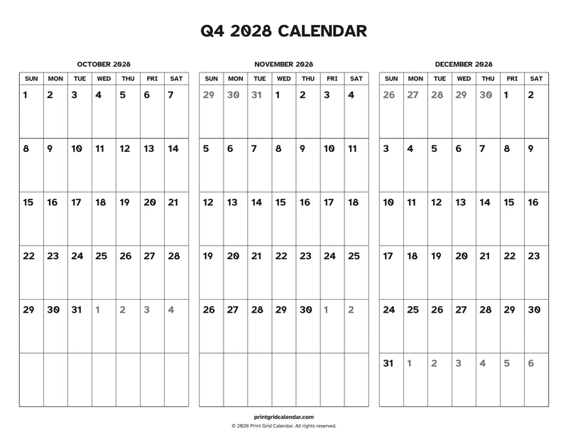 Q4 2028 Calendar — Easy read — US Letter · Landscape · Sunday start