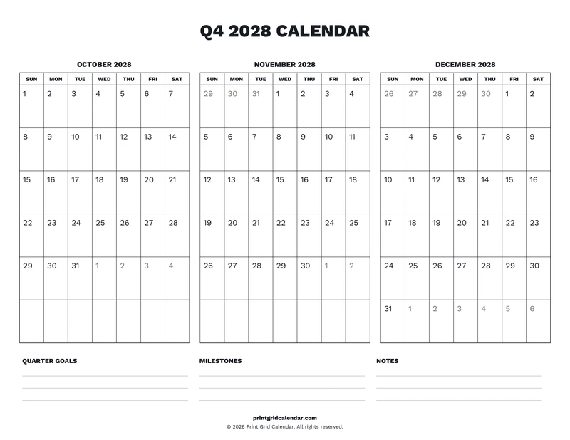 Q4 2028 Calendar — Desk notes — US Letter · Landscape · Sunday start