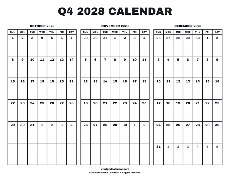 Q4 2028 Calendar — Big statement — US Letter · Landscape · Sunday start