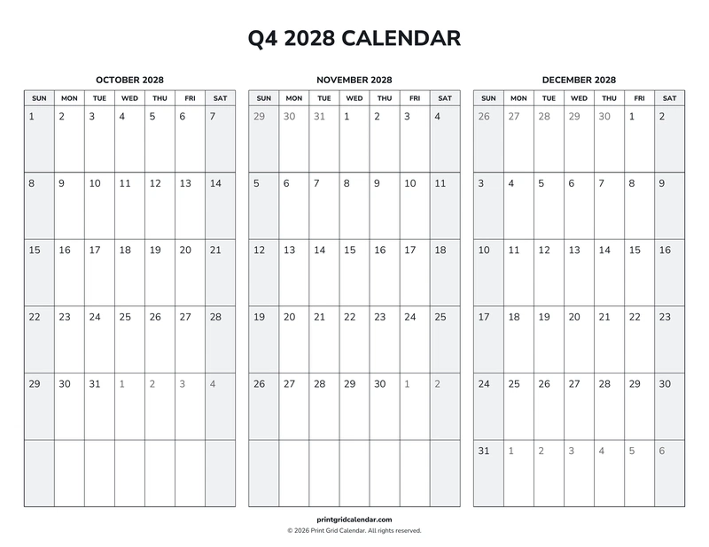 Q4 2028 Calendar — Weekend rhythm — US Letter · Landscape · Sunday start