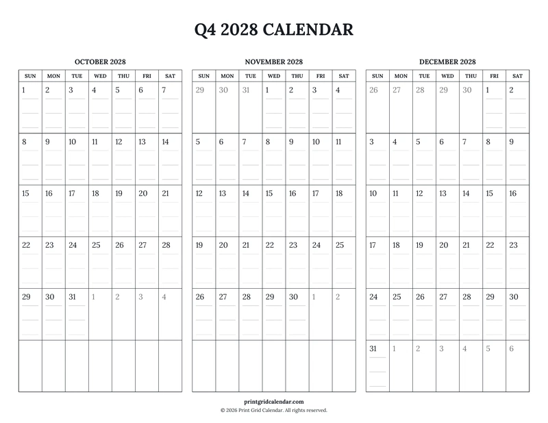 Q4 2028 Calendar — Ruled journal — US Letter · Landscape · Sunday start