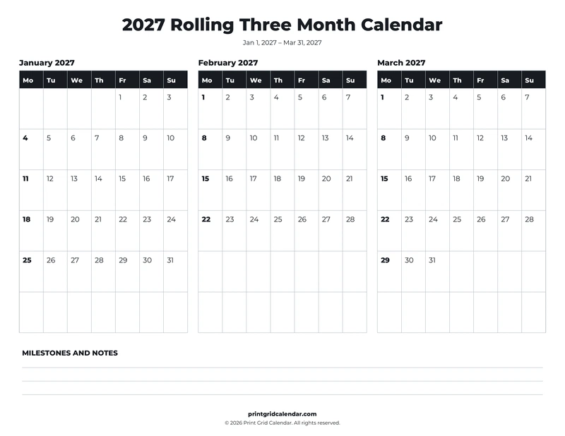 Rolling Three Month Calendar — Bold essentials — US Letter · Landscape · Monday start