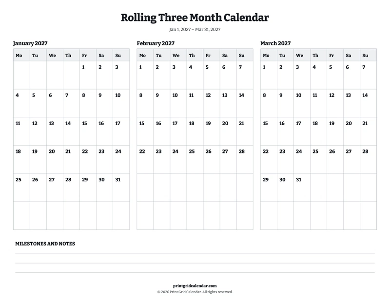 Rolling Three Month Calendar — Bookish bold — US Letter · Landscape · Monday start