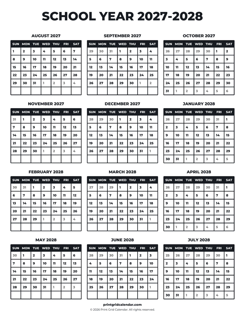 School Year 2027–2028 Calendar — Bold essentials — US Letter · Portrait · Sunday start